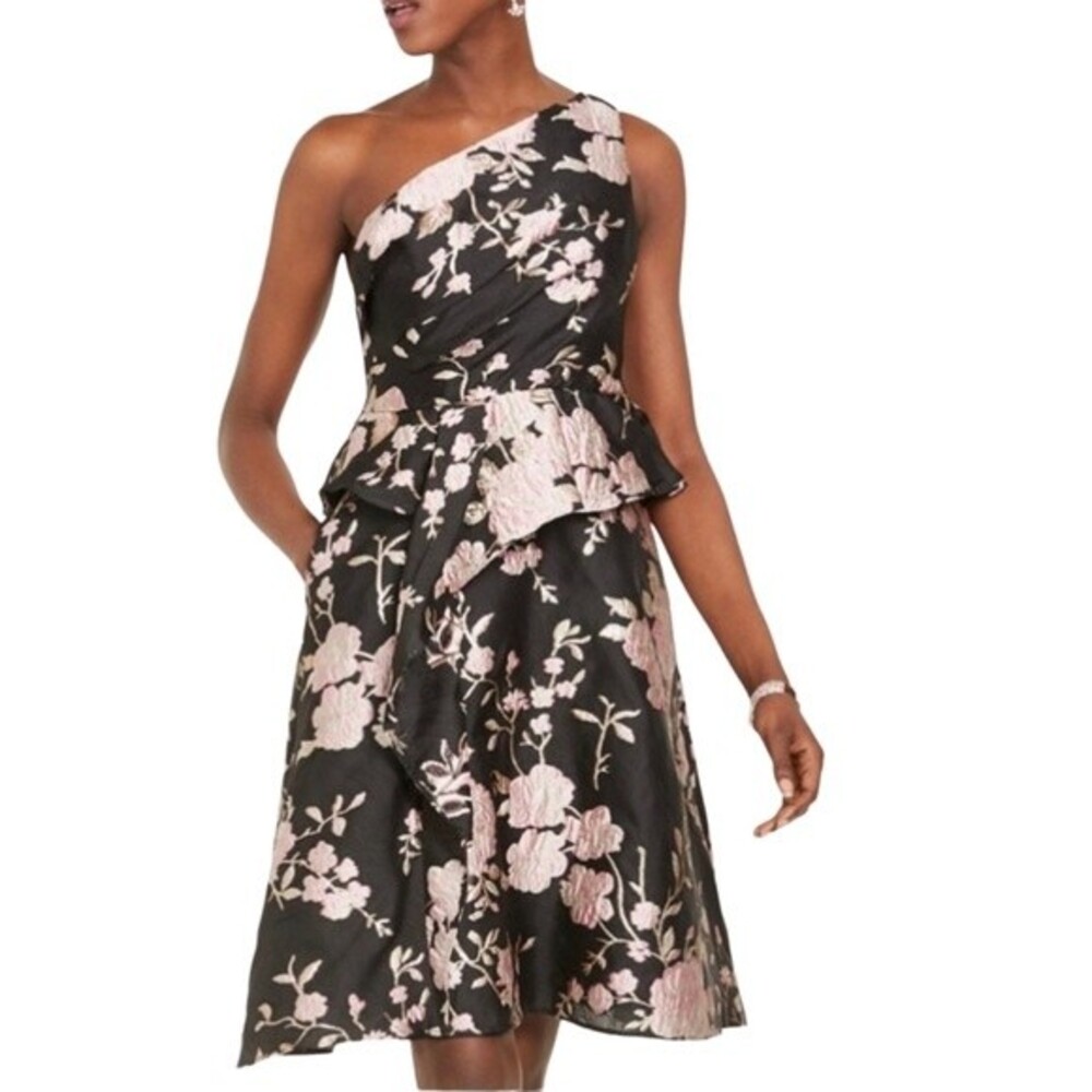NWT Adrianna Papell One Shoulder Dress Black & Pink Floral Jacquard Size 6 NEW
